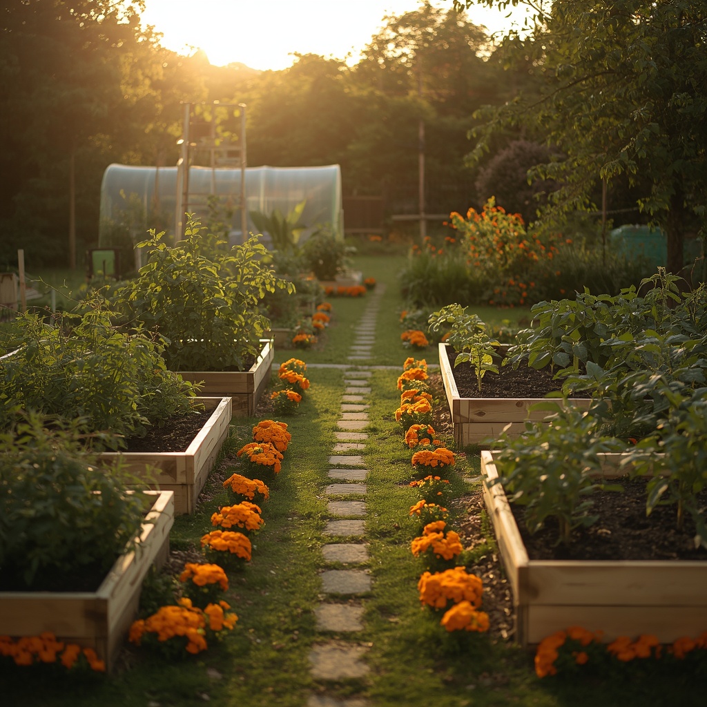 zz A lush vegetable garden at golden hour with raised beds, tomato plants, and marigold borders along stone pathways